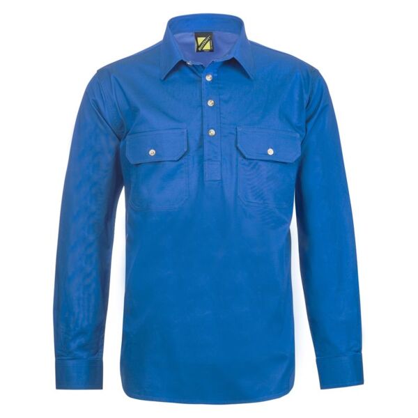 Mens Lightweight Long Sleeve Half Placket Cotton Drill Shirt With Contrast Buttons Thumbnail